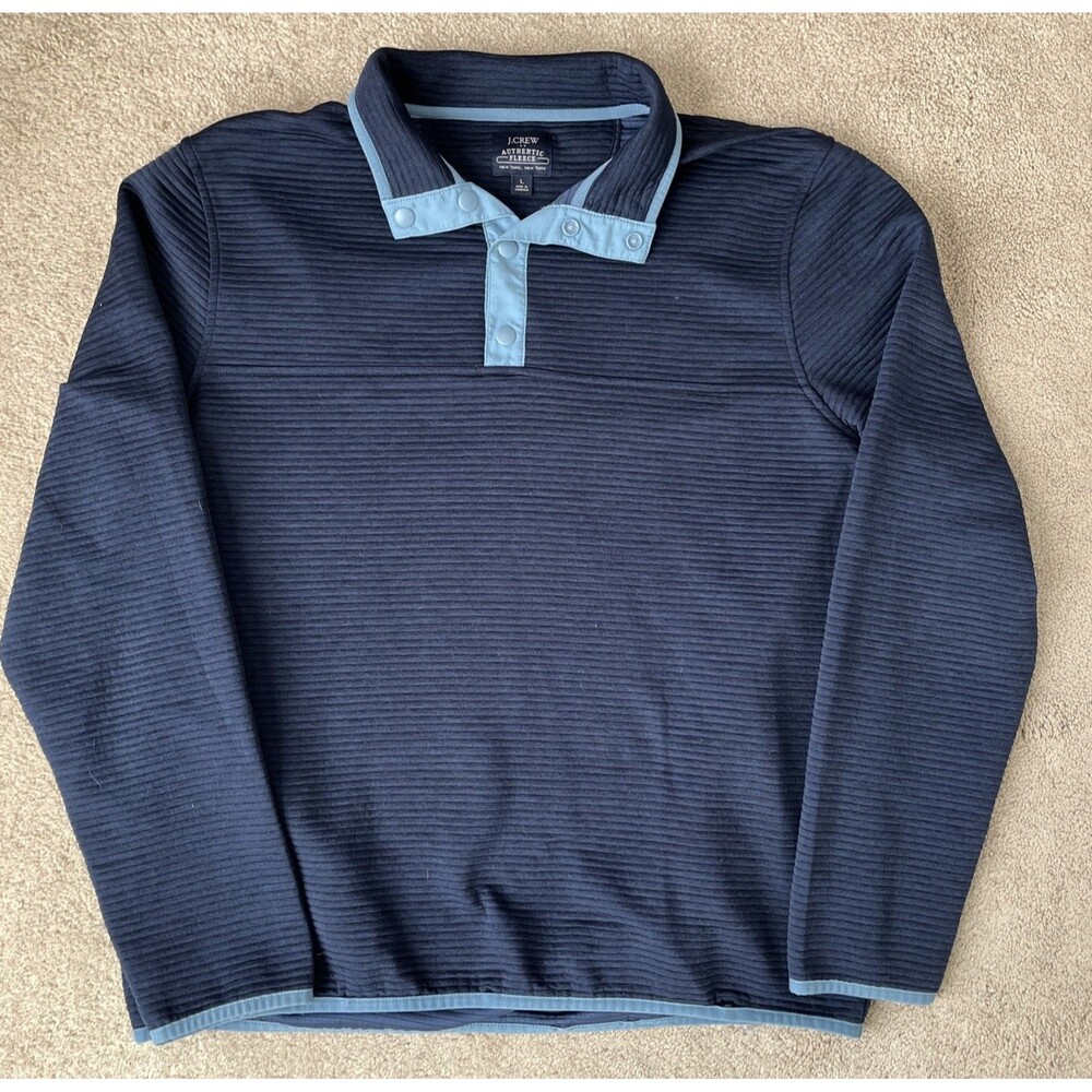 J Crew Quilted Knit Pullover Mens Large Navy Snap Lightweight Preppy Comfort